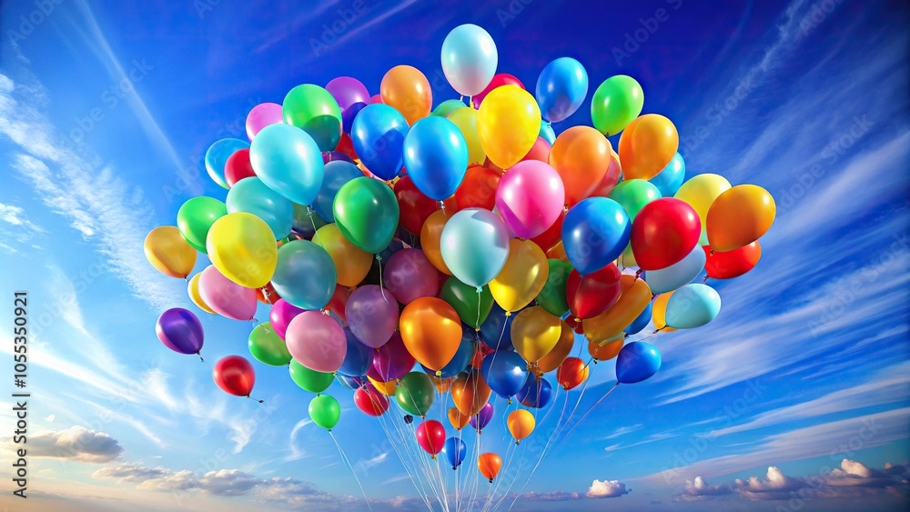 Colorful balloons floating in mid-air against a bright blue sky background, balloons, outdoor celebration Colorful balloons floating in mid-air against a bright blue sky background, balloons, outdoor celebration