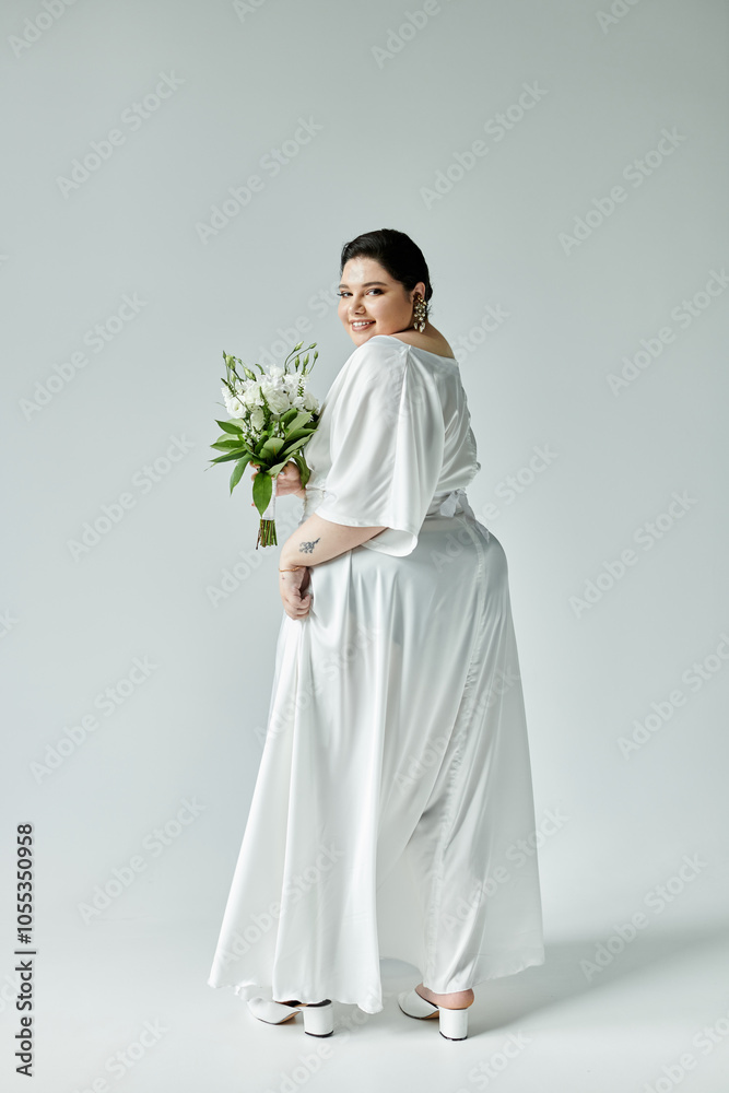 A stunning plus size bride showcases her elegance in a flowy white dress, holding a beautiful bouquet. A stunning plus size bride showcases her elegance in a flowy white dress, holding a beautiful bouquet.