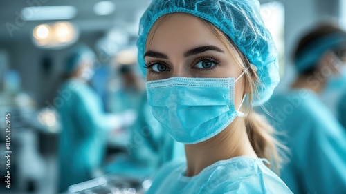 A female doctor with a sterile mask on her face