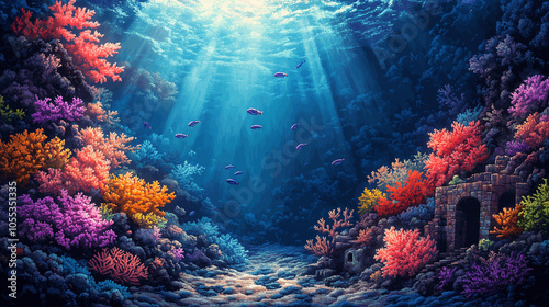 Video game interface background of underwater world with beautiful corals in flat cartoon 8-bit retro style