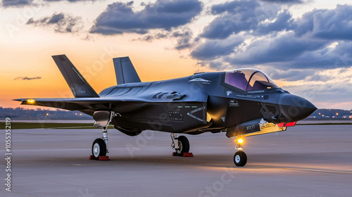 F-35 fighter jet silhouette against dusky sky, landing lights visible