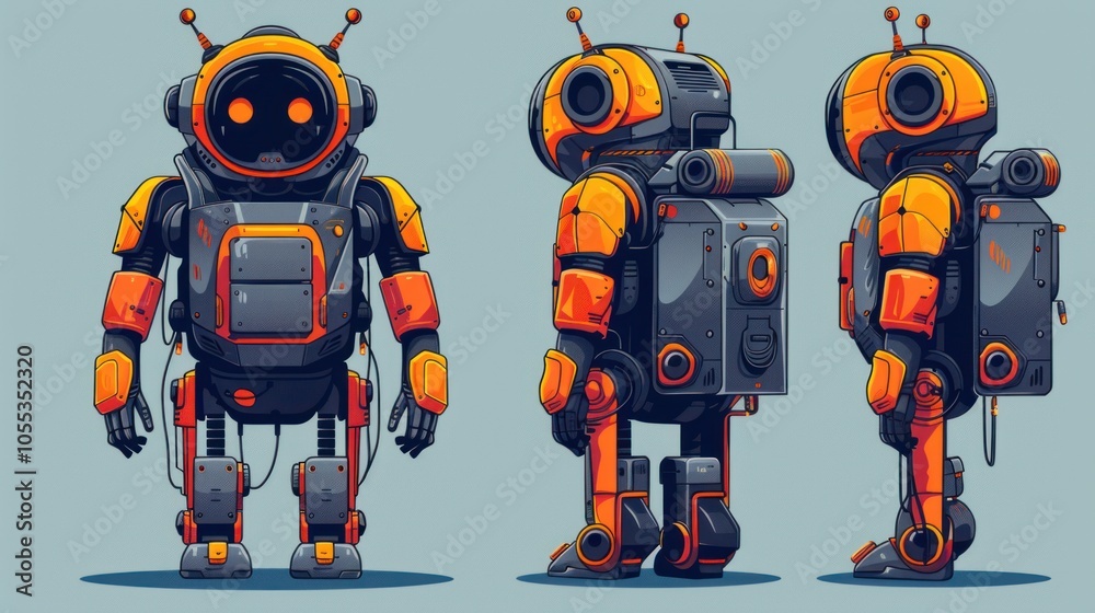Fototapeta premium A Robot Character Illustration in Three Views