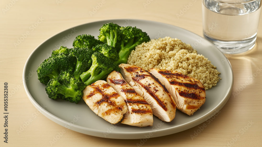 Healthy plate of grilled chicken and quinoa with broccoli Healthy plate of grilled chicken and quinoa with broccoli
