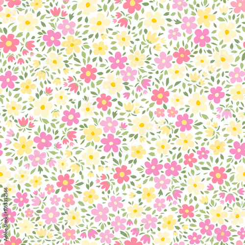 Vector illustration. Seamless Ditsy floral pattern of delicate small pink, yellow, red flowers on a white background. Liberty Floral pattern, field of flowers, print for fabric, textile, wallpaper