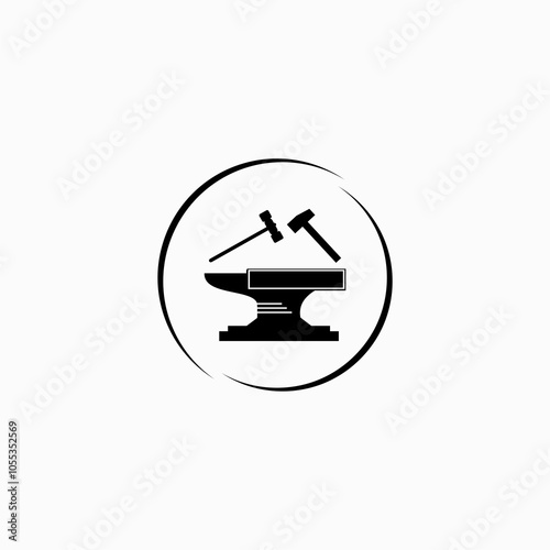 Anvil with hammer white icon  isolated on white background.