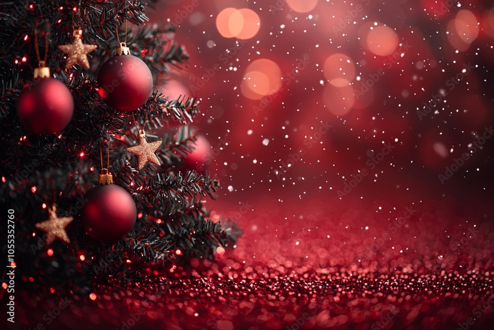 Christmas tree with red ornaments and golden stars, red background with bokeh lights Christmas tree with red ornaments and golden stars, red background with bokeh lights
