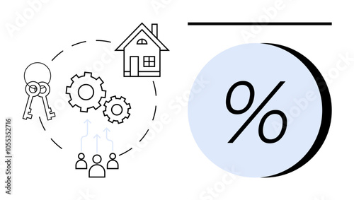 Keys, house icon, gears, and people connected in a circle near large percent symbol. Ideal for real estate, mortgage rates, property investment, home loans, financial planning, economic analysis photo