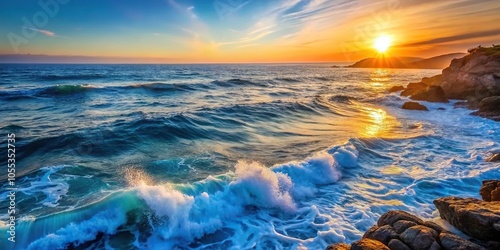Deep blue ocean waves gently lapping against a rocky coastline at sunrise, sunrise, shoreline