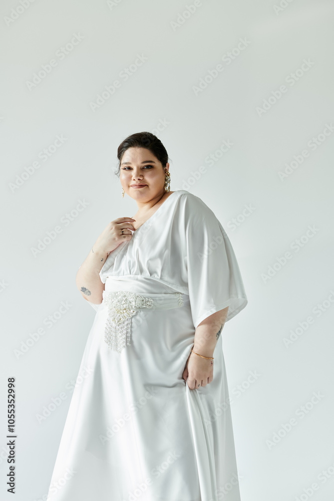 A radiant plus size bride showcases her beautiful wedding dress and earrings on a delicate grey background. A radiant plus size bride showcases her beautiful wedding dress and earrings on a delicate grey background.