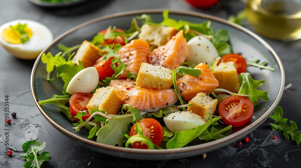 Salad with salmon and croutons tomatoes cheese and sauce boiled egg and lettuce Salad with salmon and croutons tomatoes cheese and sauce boiled egg and lettuce