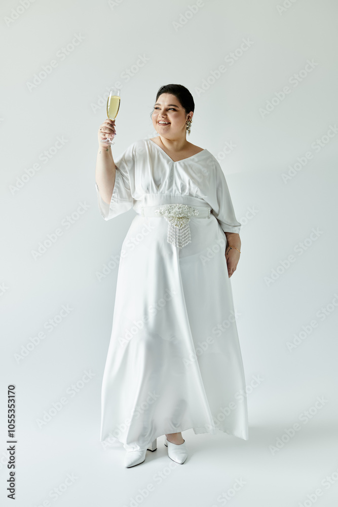A stunning plus-size bride raises her glass with a bright smile, radiating joy in a white gown. A stunning plus-size bride raises her glass with a bright smile, radiating joy in a white gown.