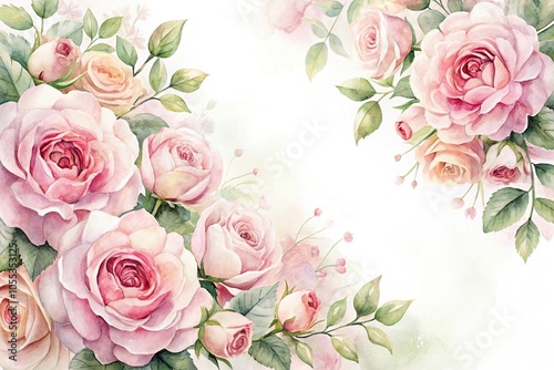 Delicate watercolor roses in soft pink hue on white background, garden flowers, floral art, soft petals, gentle blooms