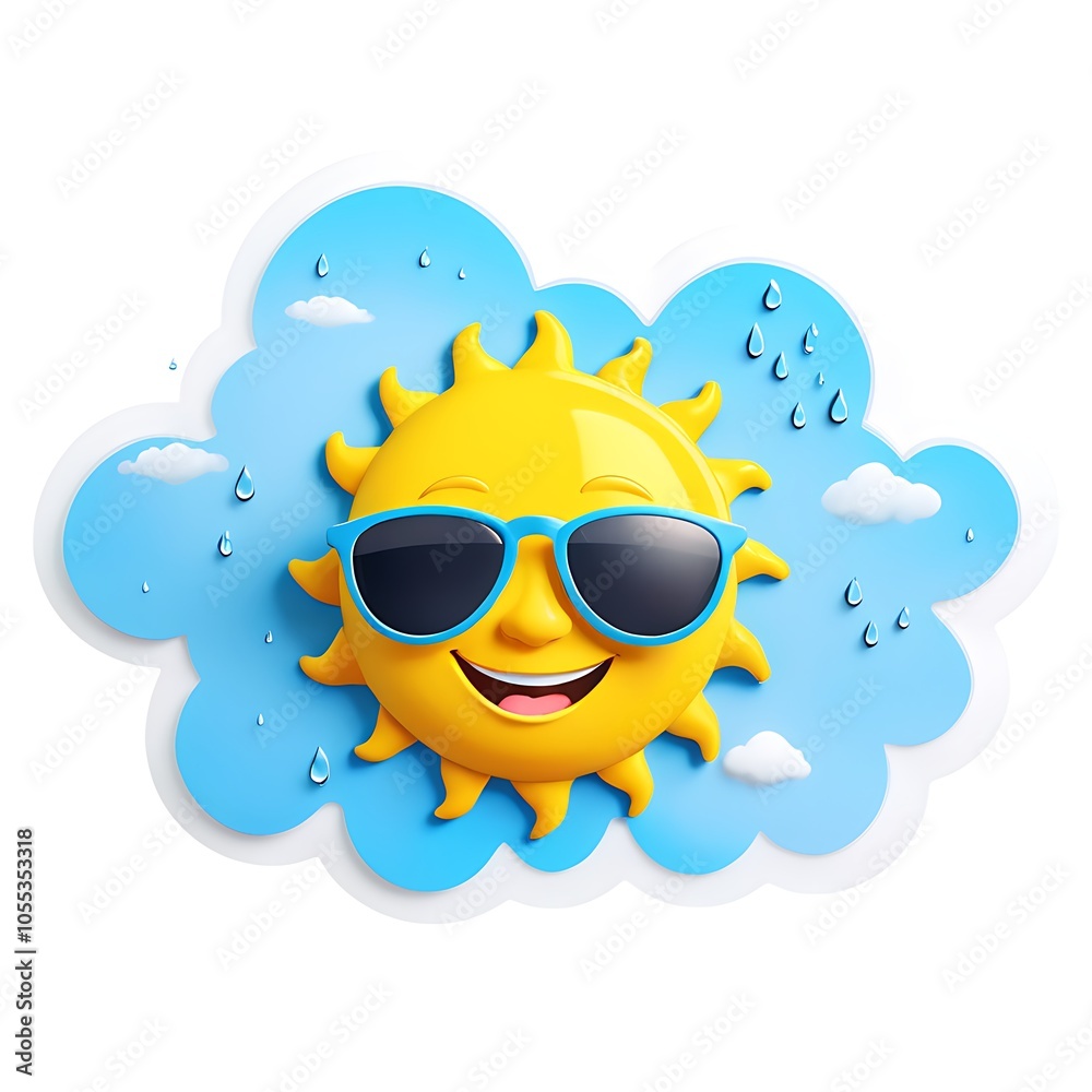 A smiling sun wearing sunglasses in front of a blue cloud with raindrops. A smiling sun wearing sunglasses in front of a blue cloud with raindrops.