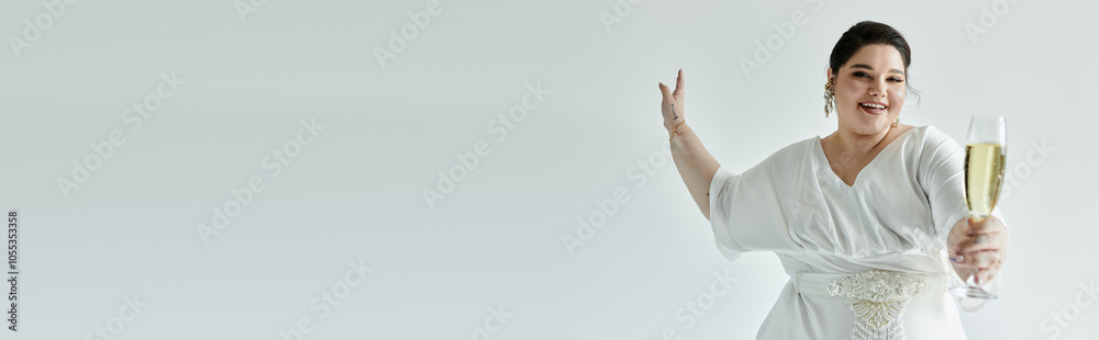 A beautiful plus-size bride holds a champagne glass and radiates happiness in her wedding gown. A beautiful plus-size bride holds a champagne glass and radiates happiness in her wedding gown.