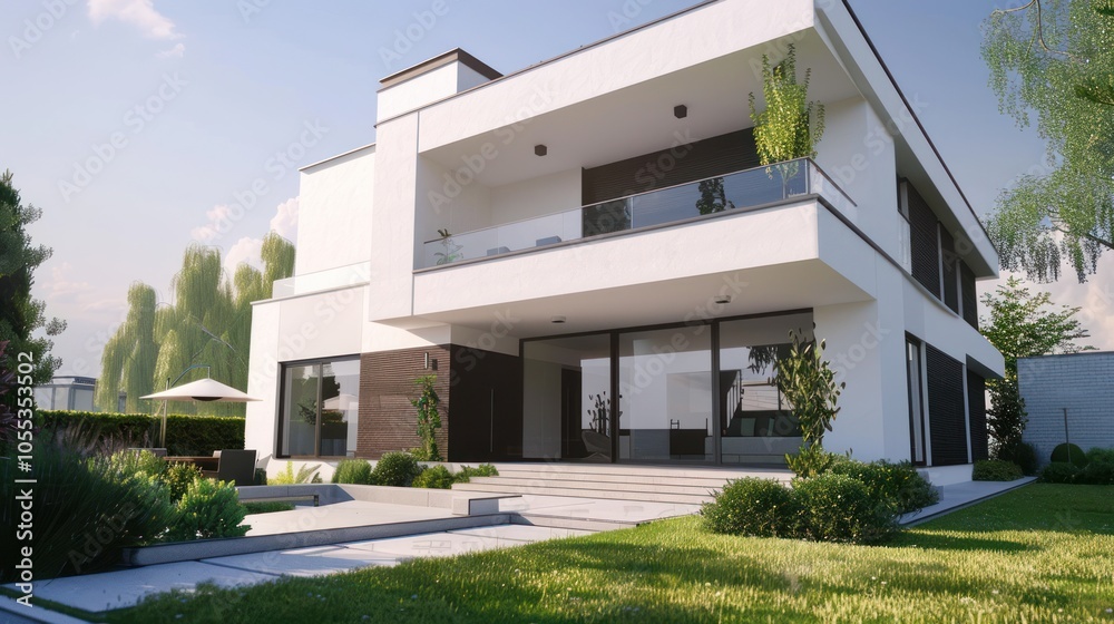 Modern House Exterior with Lush Greenery Modern House Exterior with Lush Greenery