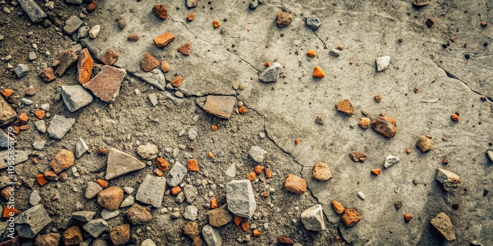 Distressed concrete texture with rough stone fragments scattered on the ground, rugged surfaces, industrial textures Distressed concrete texture with rough stone fragments scattered on the ground, rugged surfaces, industrial textures