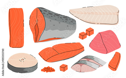 Cartoon sliced fish meat. Red fish pieces, white fish, delicious sashimi slices, hake, pangasius, mackerel, salmon steak and fillet flat vector illustration set.