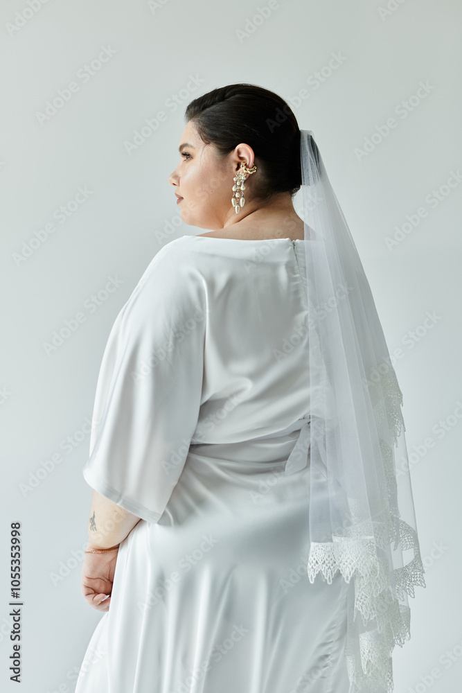 A beautiful young bride radiates elegance in her white gown and dazzling earrings against a simple grey background. A beautiful young bride radiates elegance in her white gown and dazzling earrings against a simple grey background.