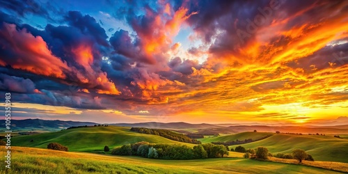 Dramatic sunset over rolling hills with vibrant colors and fluffy clouds, cloudscape, hill, scenic, scene, landscape