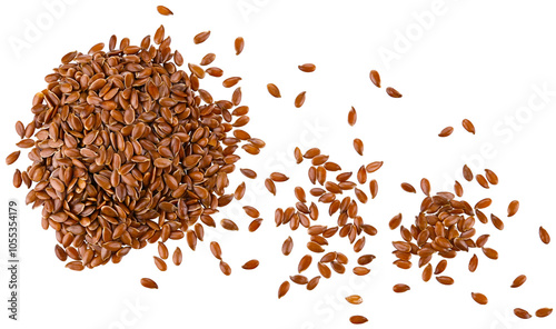 Scattered brown flax seeds isolated on a transparent background. Top view.