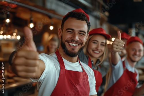 Cheerful restaurant staff celebrating a successful service with smiles and thumbs up