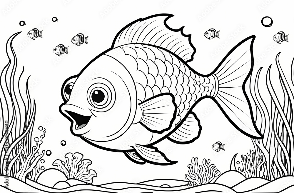 Cute Fish Under the Sea - Cartoon Coloring Book Page for Kids