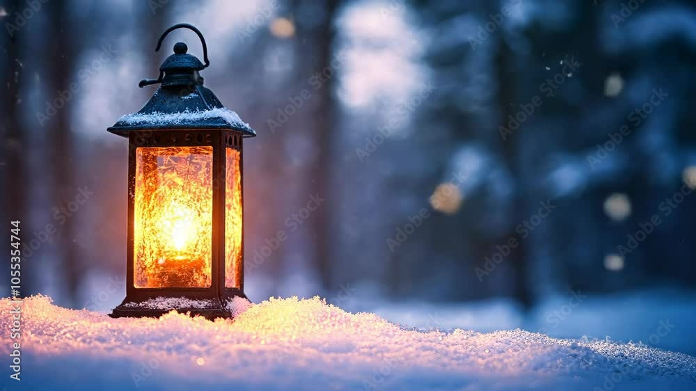 A lantern glows brightly on a snowy evening in a winter forest A lantern glows brightly on a snowy evening in a winter forest