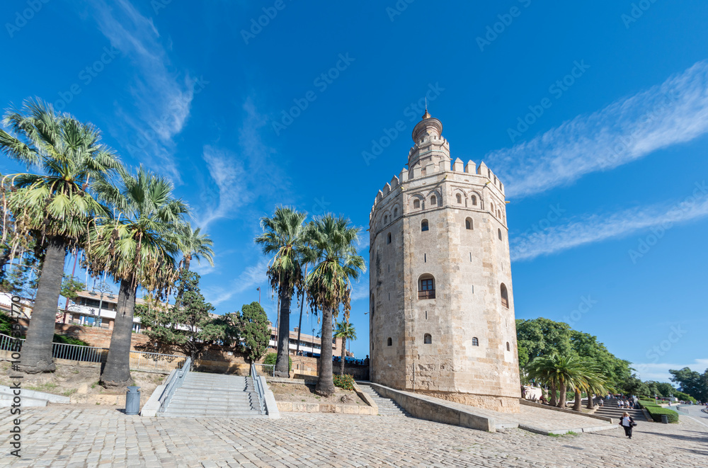 Naklejka premium Torre del Oro: This beautiful tower by the river is the symbol of Seville.
