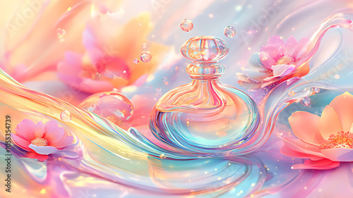 A glass perfume bottle sits on a wave of iridescent liquid, surrounded by pink and yellow flowers.