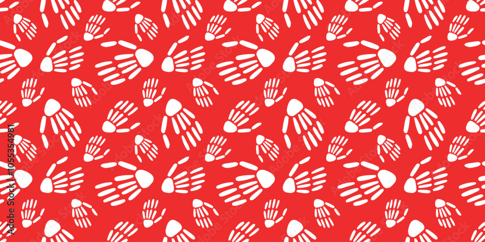 seamless pattern of Skeleton hand on a red background. Vector illustration. Design for Halloween and day of the Dead