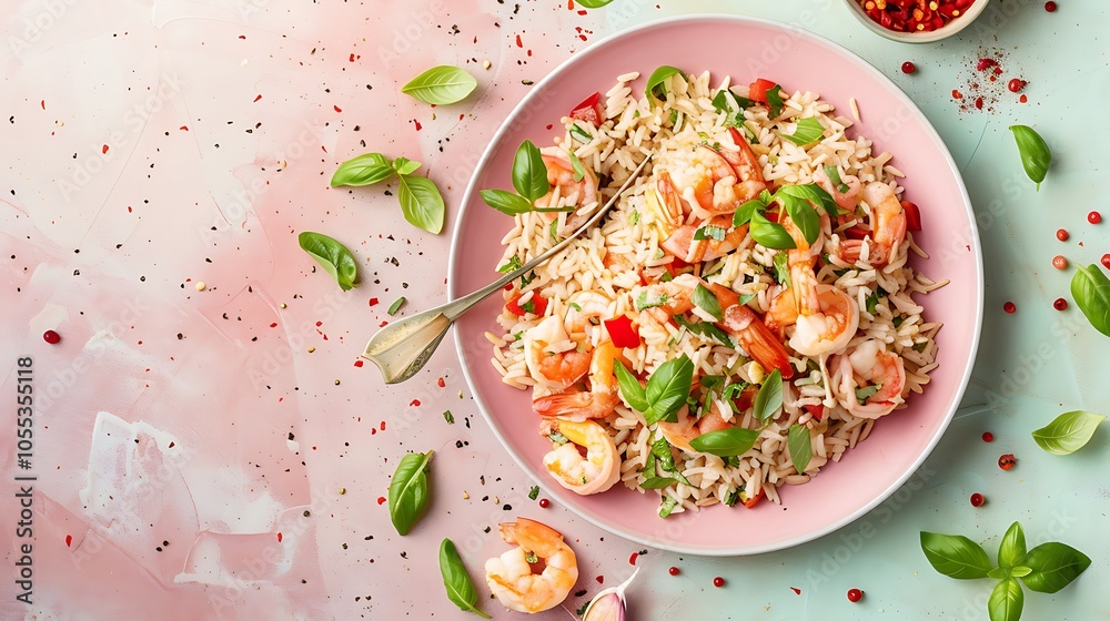 Seafood rice in a pink plate Seafood rice in a pink plate