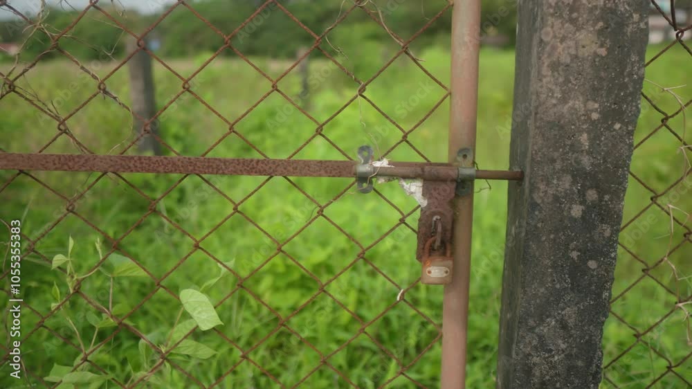 A rusty padlock secures a chain-link fence against a backdrop of overgrown greenery A rusty padlock secures a chain-link fence against a backdrop of overgrown greenery