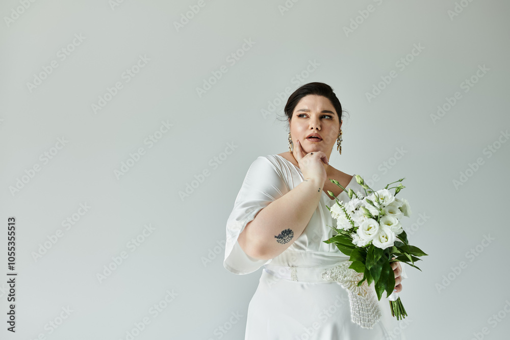 A stunning plus size bride poses gracefully, adorned in a white gown and holding a bouquet, radiating elegance. A stunning plus size bride poses gracefully, adorned in a white gown and holding a bouquet, radiating elegance.
