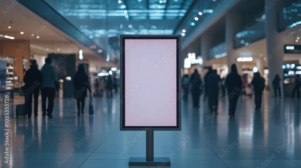 A banner mockup stands on a metallic frame in a busy mall filled with shoppers and stores A banner mockup stands on a metallic frame in a busy mall filled with shoppers and stores