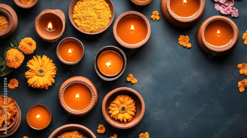 Clay oil lamps with lit wicks surrounded by marigold flowers and bowls of yellow powder on a dark textured surface, evoking a traditional festive ambiance.