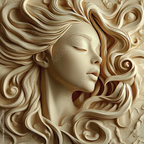 3D bas-relief of a girl, vector, close-up portrait in vanilla and beige tones. Decor of exhibition and presentation interiors for advertising products for women, template for greeting, romantic cards,