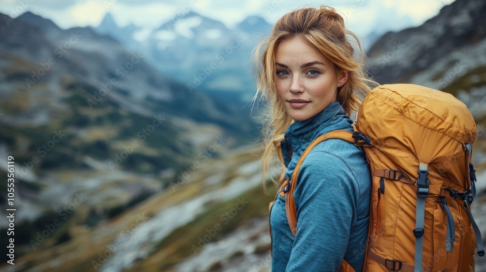 A woman enjoys hiking in mountains.