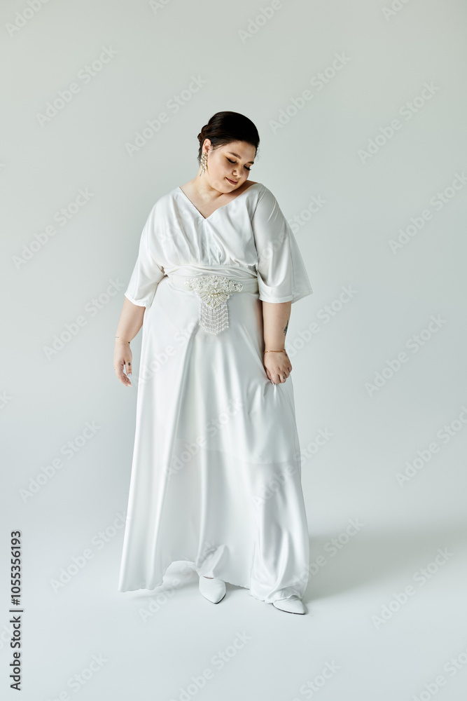 A beautiful young bride showcases her radiant white gown and elegant earrings in a serene setting. A beautiful young bride showcases her radiant white gown and elegant earrings in a serene setting.