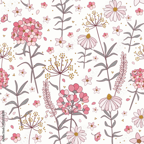 Vector illustration. Seamless floral pattern of delicate flowers on a white background. Floral pattern, field of flowers, daisies, wildflowers, print on fabric, textile, wallpaper, children's clothing