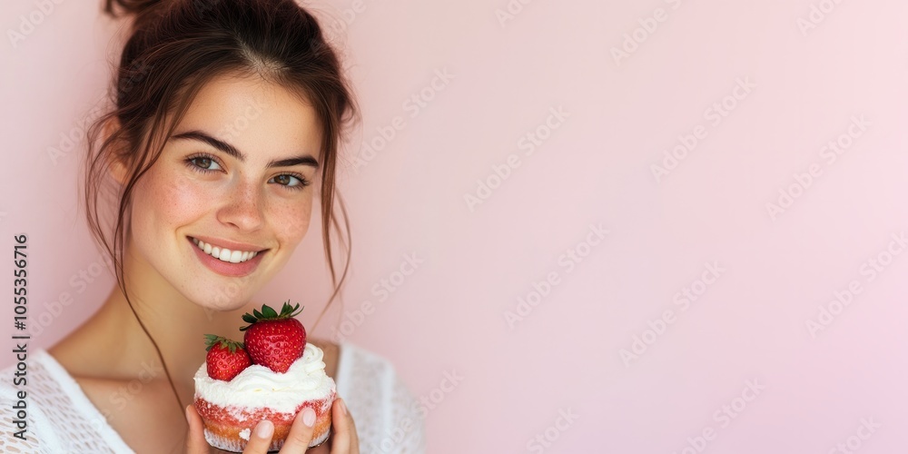 Portrait of a beautiful young woman holding a small strawberry cake isolated on light pink background. Portrait of a beautiful young woman holding a small strawberry cake isolated on light pink background.