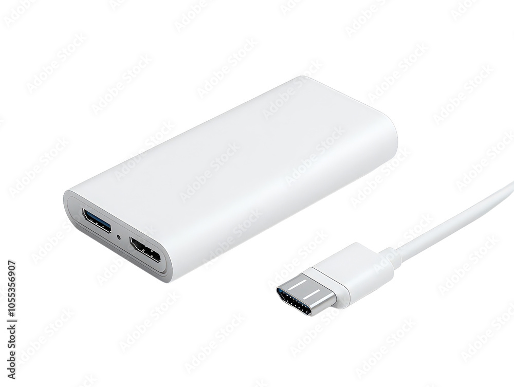White portable power bank with USB-C cable, designed for efficient charging on-the-go, featuring a clean, minimalist style.