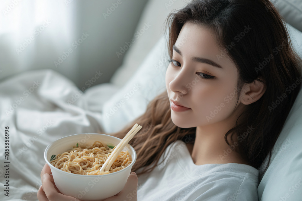 a woman with instant ramen cup, student apartment setting a woman with instant ramen cup, student apartment setting