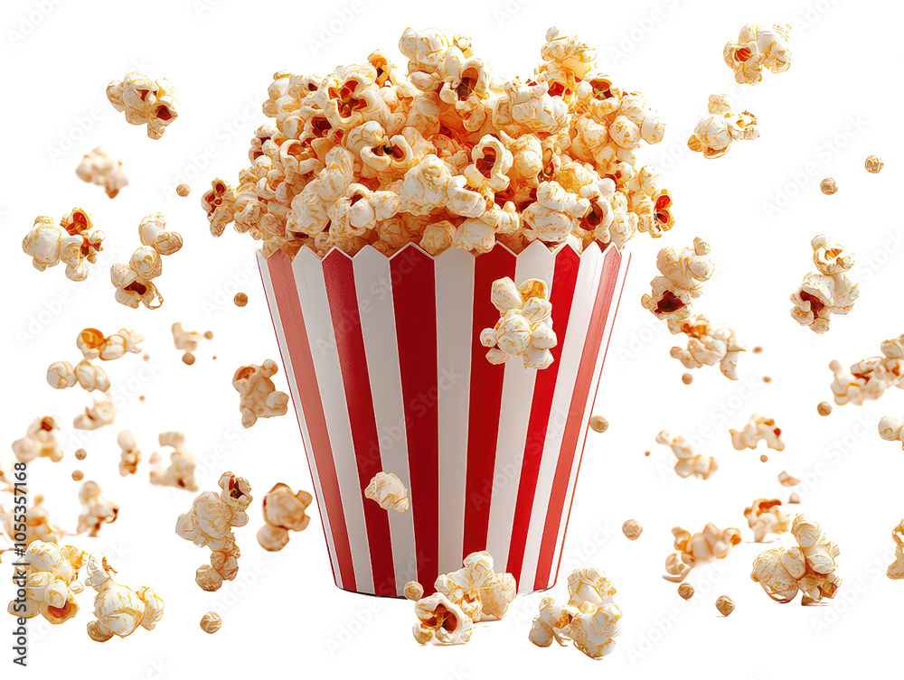 Classic red-and-white striped popcorn bucket overflowing with freshly popped, buttery popcorn, perfect for movie nights or theater snacks. Classic red-and-white striped popcorn bucket overflowing with freshly popped, buttery popcorn, perfect for movie nights or theater snacks.