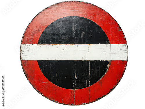  Weathered no-entry traffic sign with red and black colors, used to indicate restricted areas and prevent access on certain roads. photo