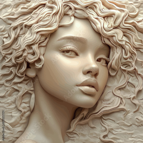 3D bas-relief of a girl, vector, close-up portrait in vanilla and beige tones. Decor of exhibition and presentation interiors for advertising products for women, template for greeting, romantic cards,