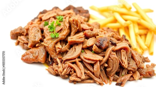 Juicy and tender pulled beef piled high on a plate, isolated on a clean white background, tender, white background