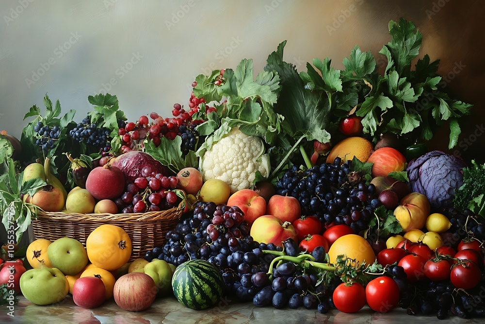 Abundant Still Life of Fresh Fruits and Vegetables Abundant Still Life of Fresh Fruits and Vegetables