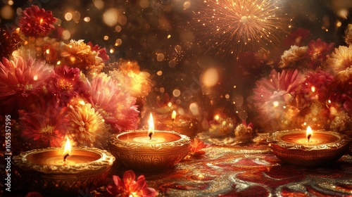 Festive celebration with glowing candles and vibrant flowers at night