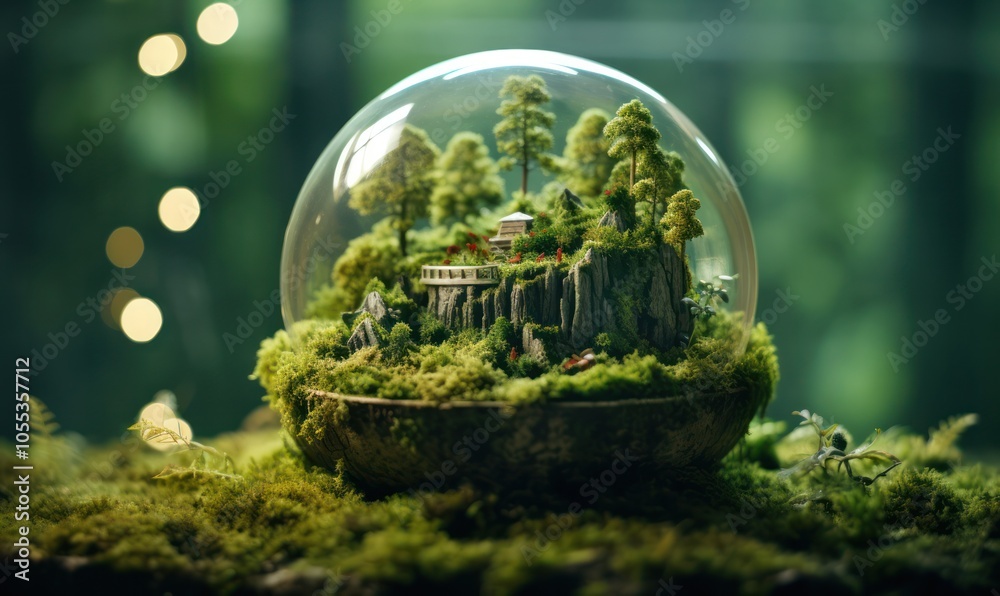 Fototapeta premium sustainability small tree globe glass on moss In forest ECO concept