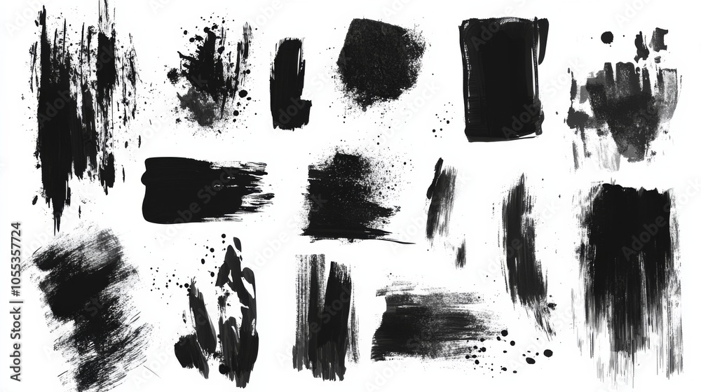 A collection of black brush strokes and splatters A collection of black brush strokes and splatters